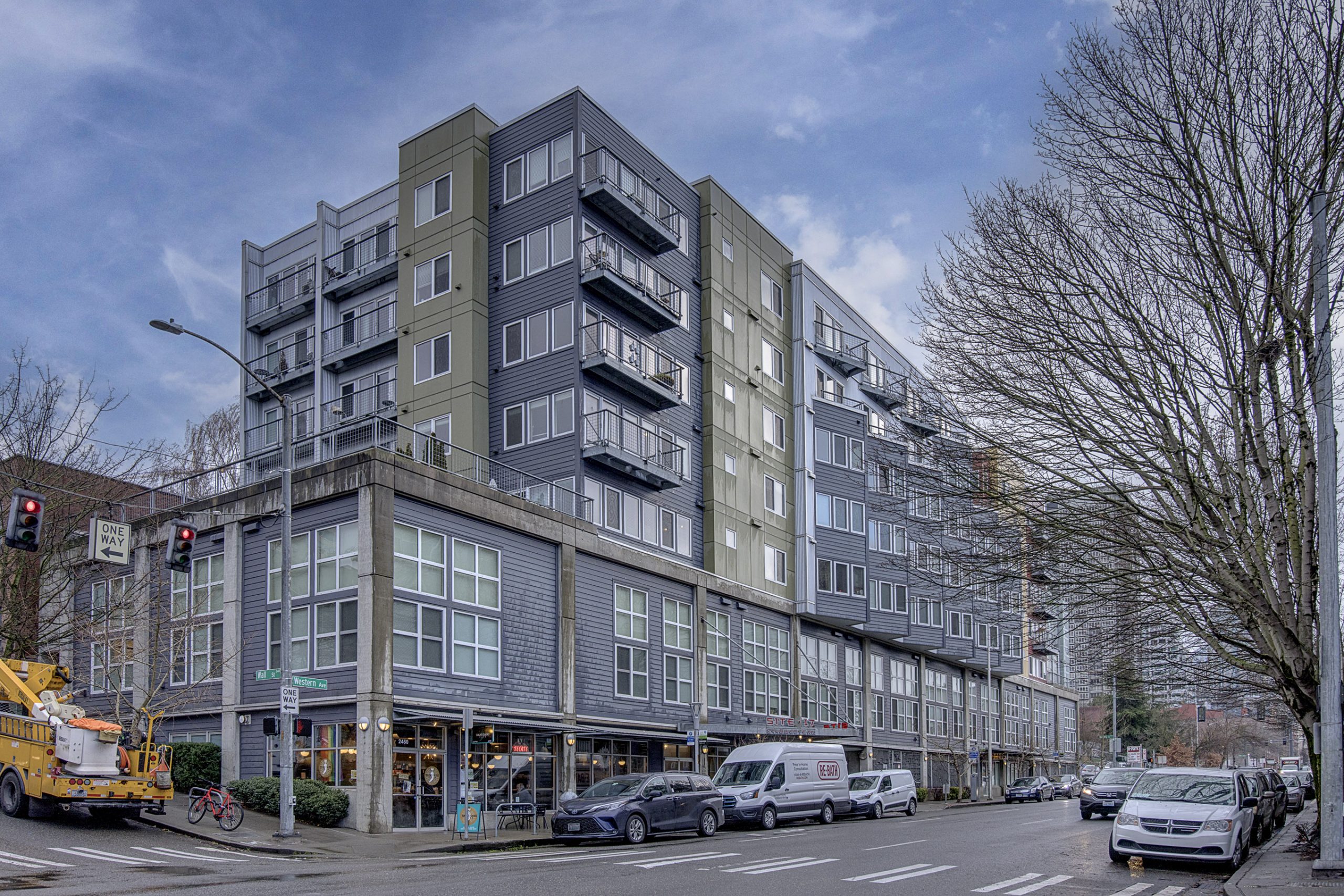 Exterior of the Belltown Site 17 condo building from the intersection of Wall and Western